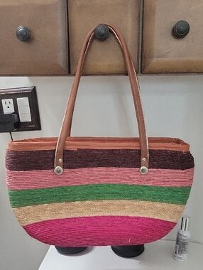 Striped Multicolor Straw Tote Bag with Brown Handles